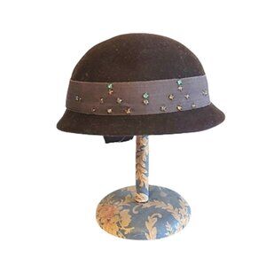 1950s True Vintage Dark Brown Small Brimmed Hat Round With Rhinestone Trim